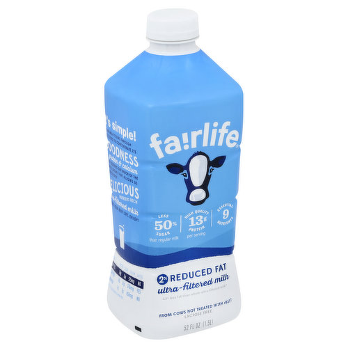 43% less fat than whole ultra-filtered milk (4.5 g vs 8 g per serving). 50% less sugar than regular milk. 13 g high quality protein per serving. 9 essential nutrients. From cows not treated with rBST (FDA states: no significant difference has been shown between milk from cows treated and not treated with rBST growth hormones). Lactose free. Learn our story. fairlife.com. Our Promise: We are dairy farmers who believe in better. From our farm in Fair Oaks, Indiana, along with all of our family farm partners, we started Fairlife to provide high quality real milk filtered for wholesome nutrition from farms where we take exceptional care at every step. Extraordinary care for our cows. High milk quality standards. Traceability back to our own farms. Pursuit of sustainable farming. - Mike & Sue McCloskey, Fairlife co-founders, dairy farmers. Real. Recycle me. Remove label before recycling. It's simple! Our milk flows through soft filters to concentrate its goodness like protein & calcium while filtering out much of the natural sugar. That allows us to bottle only delicious nutrient-rich ultra-filtered milk to fuel your busy life. Enjoy! Fairlife 2% per Serving: 13 g protein; 6 g sugar; 375 mg calcium; no lactose. Regular Milk per Serving: 8 g protein; 12 g sugar; 276 mg calcium; lactose. Almond Milk (Compared to the leading brand of Almond Milk) per Serving: 1 g protein; 7 g sugar; 451 mg calcium; no lactose. Let's chat! 855-Livefair. Homogenized, pasteurized, grade A.
