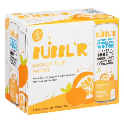 BUBBL'R Antioxidant Sparkling Water - passion fruit wond'r - 6 pk/12 fl oz. Cans