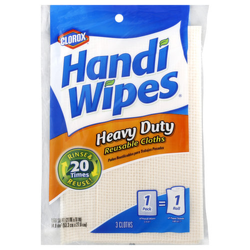 1.60 sq ft (21 in x 11 in). 14.8 sq dm (53.3 cm x 27.9 cm). 1 pack of Handi Wipes (3 ct) = 1 roll of paper towels (60 ct) (Comparison does not include energy and water consumption). 20 times rinse & reuse! Handi Wipes are America's no. 1 reusable, money-saving cleaning cloths. Durable Handi Wipes reusable cloths offer all the convenience and absorbency of single-Use paper towels, but they last 20 times longer. Plus, sheet for sheet they're a better value than paper towels (Comparison does not include energy and water consumption). That means more trees and less waste. It's easy to be green when you use Handi Wipes cloths. Use Handi Wipes heavy duty cloths again and again inside and outside to wipe. Clean, scrub, polish or dust. Cars, tools, shoes, furniture, computers, barbecue grills, bathrooms, windows, electronics, silver, countertops, sporting equipment, bicycles, dishes, refrigerators, outdoor furniture, and more. Use for your tough jobs! www.handiwipes.com. If you have any questions or comments, visit www.handiwipes.com or call us toll-free in the continental US at 1-800-227-1860. Made in the U.S.A.