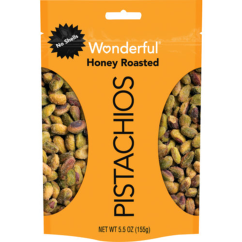 Heart Healthy: Scientific evidence suggests but does not prove that eating 1.5 ounces per day of most nuts, such as pistachios, as part of a diet low in saturated fat and cholesterol may reduce the risk of heart disease. See nutrition information for fat content. Gluten free. Non GMO Project verified. nongmoproject.org. Grab a sweet snack with honey roasted wonderful pistachios no shells. They're kissed with honey, sugar and a pinch of salt for a sweet and savory snack you can't set down. Plus, we took out the shells, so it's less crackin', more snackin'. No shells. wonderfulpistachios.com. Questions or comments? Call 1-877-450-9493. Product of U.S.A.