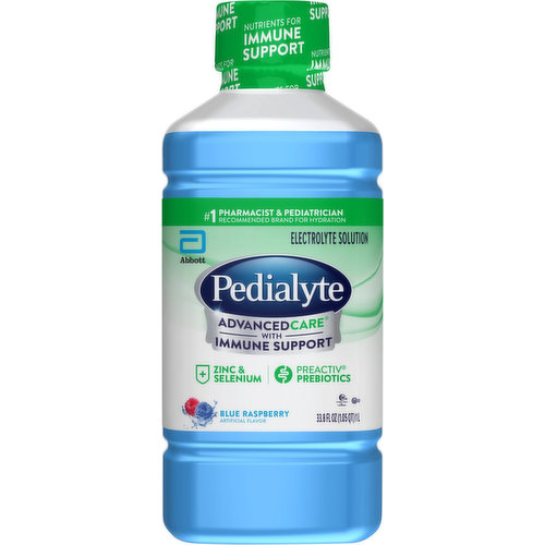 No. 1 pharmacist & pediatrician recommended brand for hydration. AdvancedCare with immune support. Key nutrients for immune support (Nutrients include: Zinc and selenium). Prebiotics to help promote digestive health. Pedialyte is designed to prevent dehydration (for mid to moderate hydration) more effectively than common beverages. Pedialyte AdvancedCare with Immune Support quickly replenishes fluids and electrolytes to help prevent dehydration due to: Vomiting & diarrhea, heat exhaustion, intense exercise, and travel. Pedialyte: Replaces electrolytes; replenishes zinc. Pedialyte AdvancedCare: Replaces electrolytes; replenishes zinc; PreActiv probiotics. Pedialyte AdvancedCare +: Replaces electrolytes; replenishes zinc; PreActiv probiotics; 33% more electrolytes (60 mEq sodium electrolytes per liter vs 45 mEq in original Pedialyte). Designed for fast, effective rehydration.