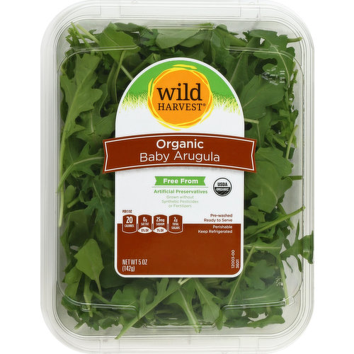 Free from: artificial preservatives. Grown without synthetic pesticides or fertilizers. USDA organic. Pre-washed. Ready to serve. Per 3 oz: 20 calories; 0 g sat fat (0% DV); 25 mg sodium (1% DV); 2 g total sugars. Certified organic by CCOF. Thoroughly washed. mywildharvest.com. Please recycle. Produce of USA.