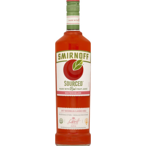 Juicy watermelon flavored vodka. Made with real fruit juice. Made with America's No. 1 vodka. Delicious, juicy drinks for everyone. Gluten free. Made with Smirnoff No. 21. Made with real fruit juice from concentrate and other natural flavors. Contains no high fructose corn syrup. Please recycle. Contains 10% juice from concentrate. DrinkiQ.com. Fl Oz of Alcohol: 0.45. 30% alc/vol. Alcohol by Volume: 30%. Produced by Smirnoff Co., Norwalk, CT.
