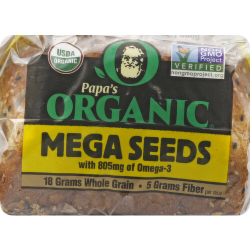 With 805 mg of omega-3. 18 g whole grain. 5 g fiber per slice. USDA Organic. Certified Organic by Organic Certifiers. Vegan. Non GMO Project verified. nongmoproject.org. Non GMO. To eat well is to live well. At Papa's Organic we bake fresh breads that are as healthy and nutritious for you as they are delicious. We start by taking special care to select the very finest wholesome ingredients. Then our master bakers blend them together using our special recipe and slowly bake them to perfection for an incredible flavor you will enjoy in every bite. From our family to yours, try some today! No eggs; non GMO; vegan friendly; nut free facility; no animal products; no high fructose corn syrup; no artificial colors or flavors; no cholesterol; no trans fat. Fresh & delicious or your money back! www.papapita.com. Follow us on: Facebook; Twitter; Instagram; YouTube.