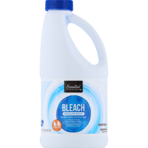 With fabric protection. Protects & keeps fabrics whiter longer (When compare to bleach that only contains sodium hypochlorite and water). Cleans & deodorizes brightens laundry. HE. 43 = 64 oz concentrated. 100% quality guaranteed. Like it or let us make it right. That's our quality promise. www.essentialeveryday.com. how2recycle.info. For more ingredient information, visit www.essentialeveryday.com or call 1-877-932-7948.