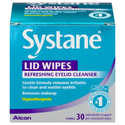 Refreshing eyelid cleanser. Gentle formula removes irritants to clean and soothe eyelids. Removes makeup. Hypoallergenic. From the makers of the No. 1 doctor recommended dry eye relief brand (Based on a survey of eye care professionals , dry eye category; data on file). Individually wrapped pre-moistened wipes. Systane Lid Wipes offer a gentle cleansing wipe as part of a daily regimen recommended by eye care professionals. These premium pre-moistened wipes remove debris, makeup and irritants that can cause eye irritation to comfort and soothe eyelids. Systane Lid Wipes are hypoallergenic, non-irritating and individually wrapped for convenience. Uses: Eyelid cleanser; Eye makeup remover. www.systane.com. Questions? Call 1-800-757-9780. alcon.medinfo(at)alcon.com. www.systane.com. Made in USA from domestic and imported materials.