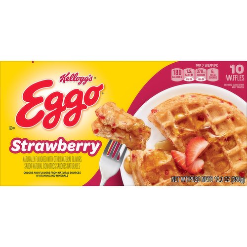 Wake up and get your day off to a great start with the feel-good taste of Eggo Strawberry Waffles. Crafted with delicious ingredients and tasty strawberry flavor, our waffles are a perfect balance of crispy, fluffy goodness. Convenient and easy to prepare, Eggo Strawberry Waffles help bring smiles to everyone in the family during fast-paced, busy mornings; Great for families and individuals, these delicious waffles are made to enjoy as part of a balanced breakfast, with your favorite breakfast sides, or your favorite morning toppings like butter, syrup, jellies, preserves, fruit, and whipped cream. With colors and flavors from natural sources, our waffles are Kosher dairy and provide a good source of nine vitamins and minerals. Eggo waffles are also great for making creative desserts such as an ice cream sandwich for a crowd-pleasing dessert. Easy and convenient, these waffles come in peel and reseal packaging for quick mornings. They're just so delicious, would you L'Eggo your Eggo?