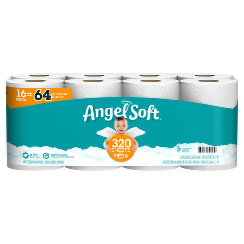 16 mega = 64 regular rolls (Based on number of sheets in Angel Soft Regular Roll). Septic safe. An ideal balance of softness & strength. 1 Mega Roll equals 4 regular rolls (based on number of sheets in Angel Soft Regular Roll) for longer lasting rolls and fewer roll changes. Flushable and septic safe for standard and septic systems. 2-Ply with SoftShield Layers. Sustainable Forestry Initiative: Certified sourcing. www.sfiprogram.org.