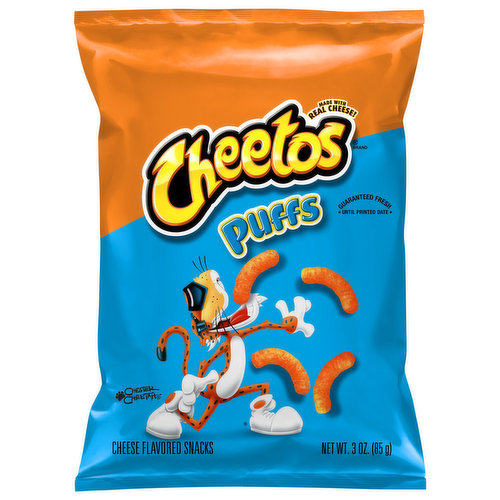 Gluten free. Chester Cheetah. Made with real cheese! fritolay.com. SmartLabel: Scan for more food information or call 1-800-352-4477. Connect with Chester Cheetah. Facebook. facebook.com/cheetos. Twitter. (at)ChesterCheetah. Instagram. (at)Cheetos. Questions or Comments? Weekdays 9:00 am to 4:30 pm CT. 1-800-352-4477/email or chat at fritolay.com.