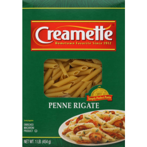 Enriched macaroni product. Hometown favorite since 1912. Simply perfect pasta. We have been trusted for generations to ensure that only the finest quality ingredients make it from the field to your family's table. Today, our special flour blend ensures that Creamette pasta is always firm; never sticky; simply delicious. We guarantee it! A low fat, sodium free, cholesterol free food. For delicious recipes and cooking tips visit www.creamette.com.