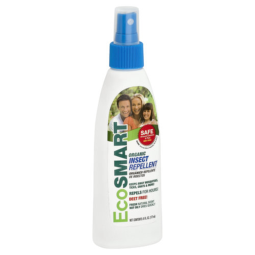 Keeps away mosquitoes, ticks, gnats & more! Safe around children & pets. Non-toxic. Repels for hours! DEET free! Fresh natural scent. Not oily dries quickly. It's safe. It's effective. It's smart - naturally! EcoSmart keeps bugs away for hours and is safe for the entire family. We don't use DEET or other synthetic toxins - our powerful, all-natural formula is made from organic plant oils, and repels mosquitoes, ticks, gnats and other annoying pests for hours. EcoSmart represents that this product is a minimum-risk pest control product, and qualifies for exemption from EPA registration under the Federal Insecticide, Fungicide and Rodenticide Act (FIFRA). Questions or comments? 1-877-723-3545. Visit our website: www.ecosmart.com. Made in USA.