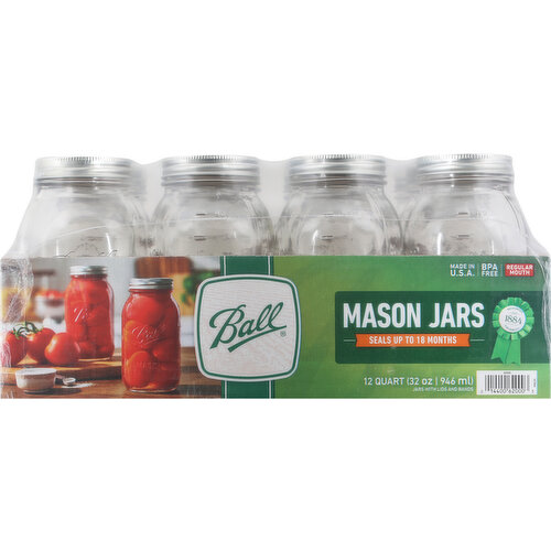 Ball Regular Mouth Mason Jars with Lids, Quart - 12 pack