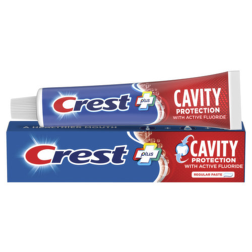 Crest Plus Cavity Protection Toothpaste gives you a cavity treatment that helps take care of your mouth by protecting your teeth and exposed roots. Regular brushing can help protect your teeth and strengthen weak spots to help fight cavities. Plus, it'll leave your breath feeling fresh.