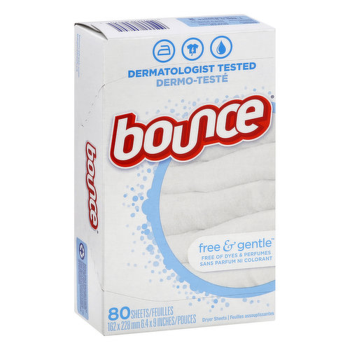 162 x 228 mm (6.4 x 9 inches). Dermatologist tested. Free of dyes & perfumes. Toss away wrinkles & static. Get fresh & soft. bouncefresh.com. bouncefresh.ca. Questions? Information? Call toll-free (in US and Canada): 1-800-5-Bounce (1-800-526-8623). Oh hi there, thanks for doing your part on recycling day. In part because of you, we can continue to make this box from 100% recycled paper (35% post consumer).