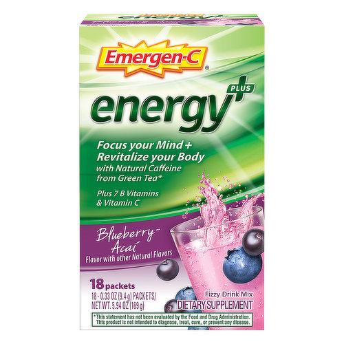 Emergen-C Energy Plus Fizzy Drink Mix, Blueberry-Acai