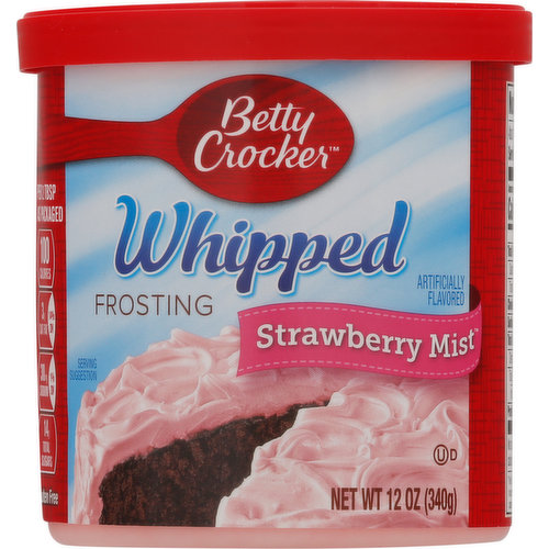 Artificially flavored. Per 2 Tbsp as Packaged: 100 calories; 3 g sat fat (14% DV); 30 mg sodium (1% DV); 14 g total sugars. Gluten Free. Contains Bioengineered Food Ingredients. The red spoon promise the red spoon is my promise of great taste, quality and convenience. This is a product you and your family will enjoy. I guarantee it. 1-800-446-1898 mon.-fri. 7:30 a.m.-5:30 p.m. CST. www.BettyCrocker.com. General Mills, box 200, Minneapolis, MN 55440. www.BettyCrocker.com. how2recycle.info. Learn more at Ask.GeneralMills.com. Be inspired with great Birthday ideas! Find tips, recipes and inspiration at wbettycrocker.com/birthdays. Carbohydrate Choices: 1