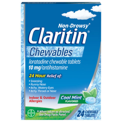 Claritin Indoor & Outdoor Allergies, Non-Drowsy, 10 mg, Chewable Tablets, Cool Mint Flavored