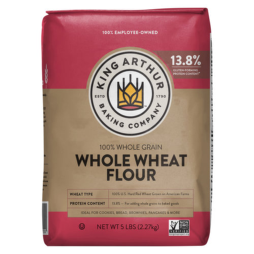 Estd 1790. Wheat Type: 100% U.S. hard red wheat grown on American farms. Protein Content: 13.8% - for adding whole grains to baked goods. 13.8% gluten-forming protein content (Why gluten-forming protein matters in flour: the amount of gluten-forming protein in flour determines the final structure of your baked goods. Higher protein flour creates more gluten, for a chewier structure, while lower protein flour creates less, for a delicate, finer crumb). Raise your flour IQ. Baking with Whole Wheat: Eating well should taste good. Whole wheat imparts deep, robust flavor along with the nutrition and fiber of whole grains. Win-win. Quality & Consistency: Delicious results, every time! We test bake (yum!) our flour to ensure it meets our strict standards - the strictest in the industry. Never Bleached, Never Bromated: Our flours contain no bleach, no bromate, and no artificial preservatives of any kind. Say not to raw dough: Flour is a raw ingredient. Bake fully before enjoying. Please recycle. 100% employee-owned. 100% American Grown: We support American farmers who produce the best, highest quality wheat. All of our wheat flour is grown and milled in the United States. We are 100% employee-owned and operated by a group of over 300 passionate bakers. Certified B Corporation: We're a Certified B Corp - one of 3,200 companies that are committed to using the power of business as a force for social and environmental good. We leverage profit to create a positive impact for people, community, and the environment.
