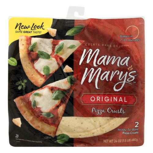 New look. Same great taste! Bakes in 7-10 minutes. Create. Bake. Enjoy! Ready-to-bake. www.mamamarys.com. Questions or comments? Call 1-800-813-7574 or visit www.mamamarys.com.