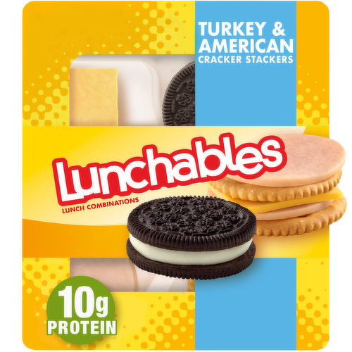 Lunchables Turkey and American Cracker Stackers Lunch Combinations are the perfect on-the-go lunch while letting kids have fun with their food. Each convenient lunch kit includes Oscar Mayer White Meat Lean Turkey Slices, Kraft American pasteurized prepared cheese product and crackers to create tasty stacked snacks. Chocolate sandwich cookies serve as a delicious dessert. Our turkey and cheese crackers kit is a fast and fun option for school lunch, picnics, or on-the-go snacking. Every lunch kit provides a good source of calcium and protein, with 10 grams of protein per serving. Keep Lunchables Turkey and Cheese Crackers refrigerated.