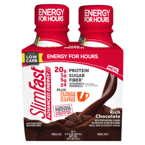 Shake up your morning routine and give your weight loss a caffeine kick with Advanced Energy Rich Chocolate Meal Replacement Shake. With as much caffeine as a cup of coffee, this naturally-flavored, gluten free, and ready-to-drink shake for chocolate lovers is deliciously convenient. Fuel up with 20g of protein, 1g of sugar, 5g of fiber, 24 vitamins (including A, C, D, E) and minerals plus zinc. It’s the decadent chocolatey shake that helps you stay on track. Part of the clinically proven SlimFast Plan, these shakes make weight loss as easy as 1-2-3. Enjoy one sensible meal, two SlimFast meal replacements, and three snacks. The SlimFast Plan is clinically proven to help you lose weight fast and keep it off! †Not a low-calorie food.