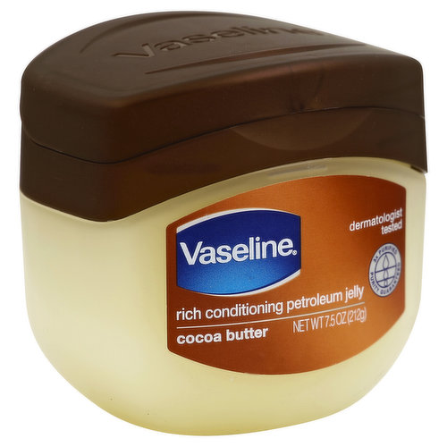 Dermatologist tested. 3X purified. Purity guaranteed. Questions and comments? Call 1-800-457-7084. When skin is healthy, light reflects off the rich color below the surface, enabling it to literally glow. But when skin is dry, its surface becomes uneven and rough, leaving it looking dull. Cocoa Butter Rich Conditioning Petroleum Jelly works naturally with your skin to keep it visibly healthy and glowing all day. With cocoa butter - known to naturally nourish skin. Made with a unique triple purification process - guaranteed purity. Rich conditioning for glowing skin that is visibly healthy. The healing power of Vaseline. Learn more about skin at vaseline.com.