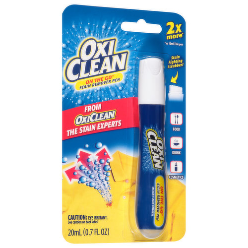 2x more (vs 10 ml Tide pen pack). Stain fighting scrubber! From OxiClean the stain experts. Food. Drink. Cosmetics. The power of oxygen tackles your toughest stains! Works great on these stains and more! Coffee. Chocolate. Makeup. Spaghetti. Lipstick. Soy sauce. www.oxicleanpen.com. For more ingredient information visit www.oxicleanpen.com. Questions? 1-888-334-4890 U.S. www.oxicleanpen.com. Designed in the USA, responsibly made in Vietnam.