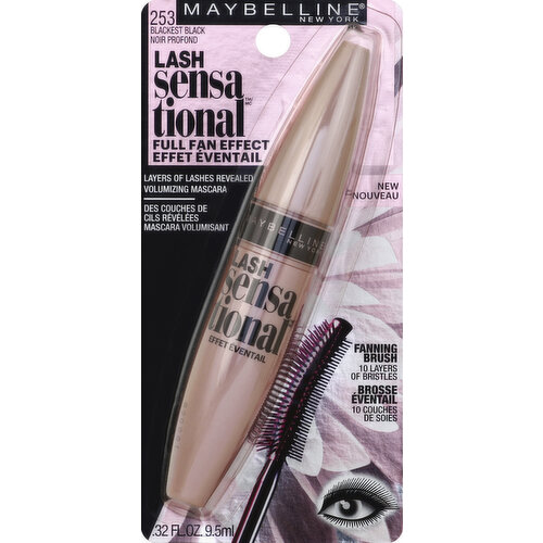 Full fan effect. Layers of lashes revealed. Volumizing mascara. Fanning brush. 10 layers of bristles. New. Washable mascara. Introducing Lash Sensational: our unique, fanning brush and fresh-liquid formula capture and volumize lashes from root to tip. www.maybelline.com. Made in USA.
