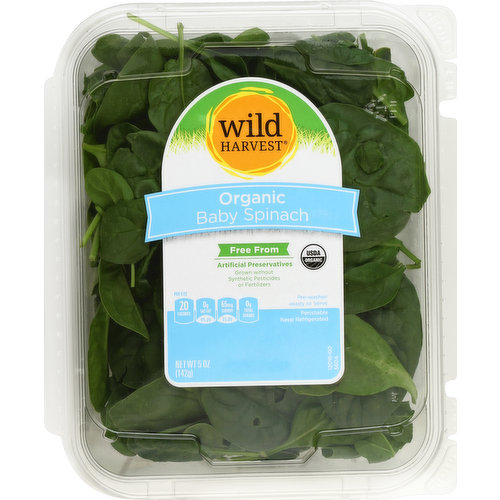 Free from: artificial preservatives. Grown without synthetic pesticides or fertilizers. USDA organic. Pre-washed. Ready to serve. Per 3 oz: 20 calories; 0 g sat fat (0% DV); 65 mg sodium (3% DV); 0 g total sugars. Certified organic by CCOF. Thoroughly washed. mywildharvest.com. Please recycle. Produce of USA.