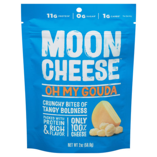 Crunchy bites of tangy boldness. Only 100% cheese. Holy freakin' delish. This bag is full of crunchy, all-natural gouda bites that are so darn gouda. And gouda for you. Good luck eating just a couple.