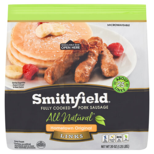 Microwaveable. About 25 links. Fully cooked. No artificial ingredients. No MSG. No preservatives.