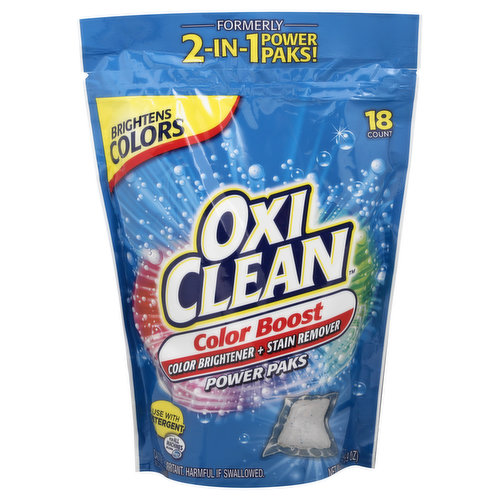 Formerly 2-in-1 power paks! Brightens colors. Color brightener + stain remover. Use with detergent. For all machines including HE. Keep your clothes looking like new! We've combined color safe brighteners with our toughest stain fighters to keep colors radiant. Throw a Pak into every load of laundry. Brightens colors. Removes your toughest stains. Contains no phosphates. Does not contain chlorine bleach. Satisfaction guaranteed! www.oxiclean.com. Visit us at www.youtube.com/oxiclean. Like us on Facebook www.facebook.com/oxiclean. Got a tough stain? Call toll free 1-800-781-7529 M-F 9am-5pm ET or visit our website for more stain tips at www.oxiclean.com for helpful how-to videos on removing stains. Terracycle: Recyclable through the TerraCycle network of collection progrmas. www.terracycle.com.
