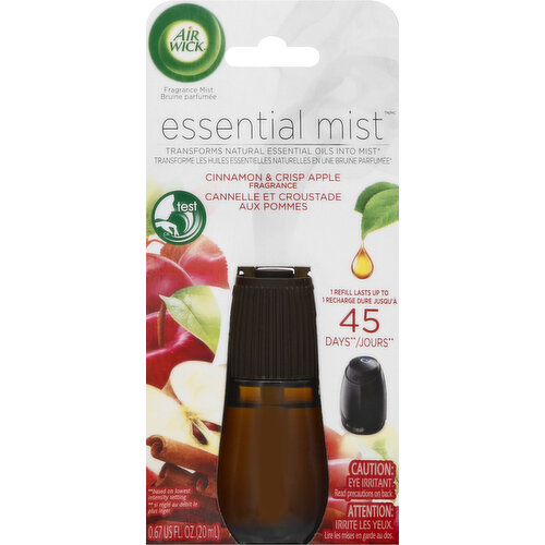 Fragrance mist. Transforms natural essential oils into mist (New Air Wick Essential Mist contains natural essential oils that are automatically transformed into a fine mist). 1 Refill lasts up to 45 days (Based on lowest intensity setting). Device Features: A) To change start time - push slider to off, then on at desired time setting. B) Low, med, or high settings control fragrance level. www.airwick.us/www.airwick.ca. Questions? 1-800-228-4722. For more ingredient information visit www.airwick.us/www.airwick.ca. Made in Hungary.