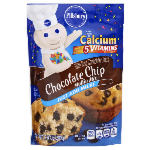 With real chocolate chips. Per 1/2 Cup Dry Mix: 290 calories, 3 g sat fat (15%DV), 320 mg sodium (14%DV), 26 g total sugars. Good source of calcium. Excellent source of 5 vitamins plus iron. See nutrition facts for prepared product information. Contains a bioengineered food ingredient. Just add milk! PillsburyBaking.com. Questions or comments? 1-800-767-4466. Inspiration and tips at PillsburyBaking.com.