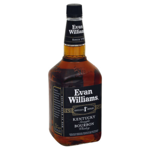 Since 1783. Kentucky's 1st distiller. Genuine sour mash. Extra aged in oak. Distilled from a time-honored formula originated in 1783, Evan Williams is produced in the heart of Kentucky's Bourbon country. This Bourbon is aged for a smoother, more complex flavor - world-renowned by Bourbon lovers. Evan Williams' signature as it appeared on an 18th century distillation license. Evan Williams set up his distillery on the banks of the Ohio River in 1783 and is historically recognized as Kentucky's First Distiller of Bourbon. This special Bourbon is a genuine Sour Mash that honors his pioneering heritage. www.evanwilliams.com. 43% alc/vol. Distilled in Kentucky, bottled by Old Evans Williams Distillery, Bardstown, Kentucky 40004.