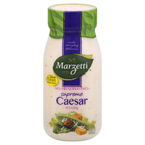 Make everyday delicious. 1896. No preservatives. New recipe. Better taste! We want our dressings to add life to your crisp, fresh salads. So we're on a never-ending quest to make better dressings from better ingredients. We hope you'll love our Supreme Caesar as much as we do. www.marzetti.com. Questions or comments? www.marzetti.com. 1-800-999-1835.