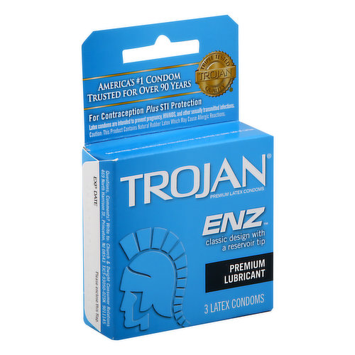America's number 1 condom trusted for over 90 years. Triple tested Trojan quality. For contraception plus STI protection. Latex condoms are intended to prevent pregnancy, HIV/AIDS and other sexually transmitted infections. Premium latex condom. Classic design with a reservoir tip. Made from premium quality latex - to help reduce the risk. Silky-smooth lubricant - for comfort and sensitivity. Special reservoir end - for extra safety. Each condom is electronically tested - to help ensure reliability. Always insist on Trojan. www.trojancondoms.com. Questions. Comments? Write to: Church & Dwight Consumer Relations 469 North Harrison St., Princeton, NJ 08543. Made in USA.