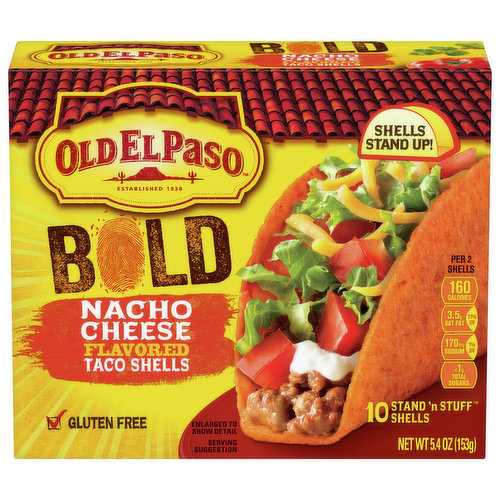 Per 2 Shells: 160 calories; 3.5 g sat fat (17% DV); 170 mg sodium (7% DV); less than 1 g total sugars. Gluten free. Contains bioengineered food ingredients. Learn more at Ask.GeneralMills.com. Established 1938. Shells stand up! www.oldelpaso.com. how2recycle.info. Questions or comments? Call 1-800-300-8664 information from the package will be helpful. For more recipes and inspiration visit us at: www.oldelpaso.com. Box Tops for Education: No more clipping. Scan your receipt. See how at BTFE.com.