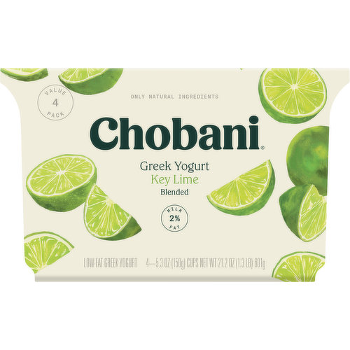 Chobani Yogurt, Greek, Low-Fat, Key Lime, Blended, Value 4 Pack