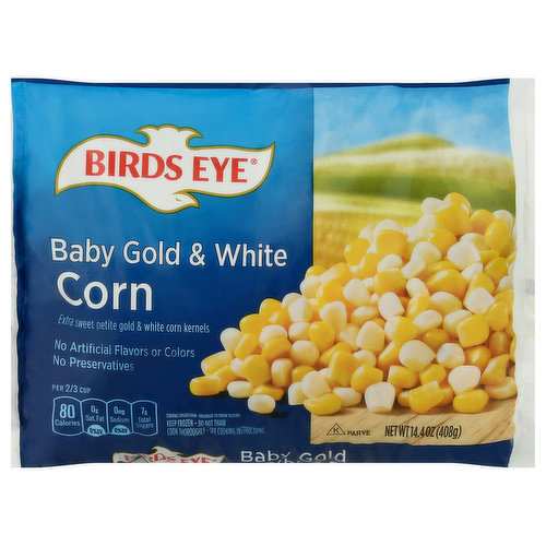 Extra sweet petite gold & white corn kernels. No artificial flavors or colors. Per 2/3 Cup: 80 calories; 0 g sat fat (0%DV); 0 mg sodium (0%DV); 7 g total sugars. No preservatives. www.birdseye.com. how2recycle.info. SmartLabel: Scan or call 1-88-327-9060 for more food information. Questions or comments, visit us at www.birdseye.com or call Mon.-Fri, 1-888-327-9060 (Except national holidays). Please have entire package available when you call so we may gather information off the label.