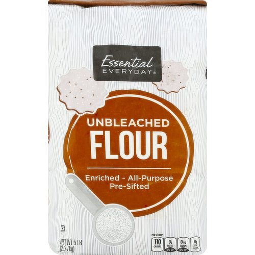 Enriched - all purpose pre-sifted. Per 1/4 Cup: 110 calories; 0 g sat fat (0% DV); 0 mg sodium (0% DV); 0 g total sugars. Great products at a price you'll love - that's Essential Everyday. Our goal is to provide the product your family wants, at a substantial saving versus comparable brands. We're so confident that you'll love Essential Everyday, we stand behind our products with a 100% satisfaction guarantee. 100% Quality Guaranteed: Like it or lets us make it right. That's our quality promise. 877-932-7948. essentialeveryday.com.