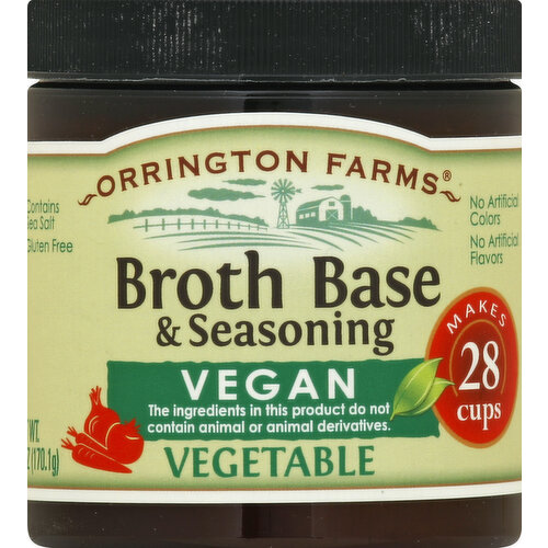 Makes 28 cups. The ingredients in this product do not contain animal or animal derivatives. Contains sea salt. Gluten free. No artificial colors. No artificial flavors. Share the simple goodness of homemade flavor and bring your dish to life with Orrington Farms. orringtonfarms.com. Produced with genetic engineering.