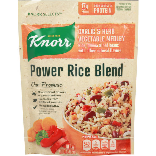Rice, quinoa & red beans with other natural flavors. Per Package: 540 calories; 0 g sat fat (0% DV); 1550 mg sodium (67% DV); 5 g total sugars. See nutrition information for as prepared nutrition. 17 g per package. Good source of protein. No added MSG. Except for those naturally occurring glutamates. Contains a bioengineered food ingredients. Since 1838. Our promise. At Knorr, we believe that great tasting meals start with high quality ingredients. That's why we use rice from Arkansas and why Knorr is on journey to partner with farmers to grow responsibly. No artificial flavors or preservatives. No colors from artificial source. knorr.com. myfood.com. how2recycle.info. Facebook. Like us (at)facebook.com/knorr. Smartlabel app enabled. Learn more about our sustainability progress at knorr.com. Questions visit learn about myfood.com. Discover more at knorr.com Questions or comments? Give our kitchen a call! 1-800-457-7082