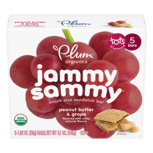 Our Plum Organics® Jammy Sammy® Peanut Butter & Grape Sandwich Bar is a snack size twist on a lunchbox favorite. Each yummy bar is made with oats, whole wheat, and ancient grains that help nourish and fuel kids with great-tasting energy. And, each one is individually wrapped, easy to pack and easy to eat-perfect for when you've gotta jam!