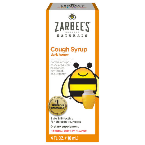 No. 1 pediatrician recommended (Cough syrup brand for children 10 years and under) (Zarbee's Naturals is the no. 1 pediatrician recommended cough syrup brand for children 10 and under). Safe & effective for children 1-12 years. Zarbee's Story: Dr. Zak Zarbock, a pediatrician and father, couldn't find effective chemical-free products to keep the whole family healthy, so he created his own products including handpicked natural ingredients, whenever possible. The result is Zarbee's Naturals. Our Children's Cough Syrups are specially formulated, proprietary blends of dark honey made to safely coat the throat and calm occasional cough. Safe & Effective: Soothes coughs associated with hoarseness, dry throat, and irritants. Made with our proprietary Dark Honey Blend. With vitamin C and Zinc for immune support.