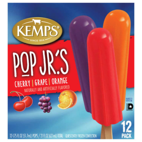 Kemps Pop Jr.'s Quiescently Frozen Confection, Cherry/Grape/Orange, 12 Pack
