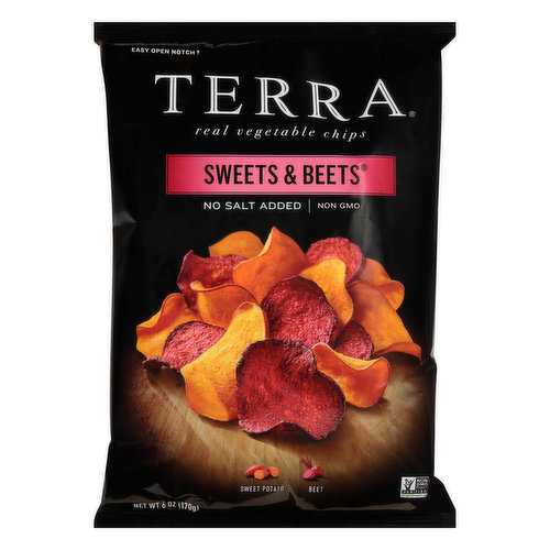 Gluten free. No salt added. Not a Sodium Free Food. Non-GMO Verified project. nongmoproject.org. Non-GMO. No salt added. Sweet potato. Beet. Over 20 years ago two forward thinking New York chefs created Terra. Chips. From the first moment, people were hooked on the vibrant flavors and delectable crunch that comes from sourcing unique and diverse root vegetables from a select group of farmers. Today, the intimate process of crafting our chips remains with over 20 different varieties and flavors that are truly distinctive by nature. Sweet potato: A distinct variety of the ipomoea Batata. these potatoes deliver a glorious late summer orange. This is the hallmark sweet potato of the southern U.S. Beet: A biennial root vegetable delivers natural sweetness and a vibrant red color. Generally a cool season crop Which we cook to perfection. Hain Celestial. www.terrachips.com. If you are not completely satisfied. Please call 888-243-6704. Seed Savers Exchange : We proudly support Seed Savers Exchange. a non-profit organization dedicated to the preservation and proliferation of heirloom fruit and vegetable varieties. Seed Savers works to preserve not only the seeds. but also the history behind America's culturally diverse garden and food crop heritage. Learn ore at seedsavers.org. Terracylce. Recyclable through the TerraCycle newer of collection programs www.terracycle.com.