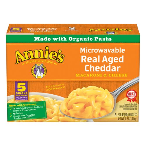 No artificial flavors. 8 g Protein. Certified Organic by Oregon Tilth. See nutrition information for sodium content. We work with trusted suppliers to source only non-GMO ingredients. Annie's - Homegrown. Rabbit of Approval. Made with organic pasta. Made with real cheese. Just add water and microwave! Made with goodness! No artificial flavors, synthetic colors or preservatives; 8 g protein; cheese from cows not treated with rBST (No significant difference has been shown between milk derived from rBST-treated and non-rBST-treated cows). Meet Bernie! Bernie was Annie's pet Dutch rabbit. Annie chose him to be our official rabbit of approval representing the simplicity, care, and goodness in all of our products. Microwaves in 3:00 minutes! annies.com. how2recycle.info. Visit annies.com to learn about our products and our commitment to a better planet (and for free loot, too!). We love to hear your feedback! Contact us at annies.com or 1-800-288-1089 and reference the best if used by date. Annie's Organic Chewy Granola Bars Chocolate Chips; Annie's Chicken Noodle Soup; Annie's Friends Bunny Grahams Snacks; Annie's Shells & White Cheddar Macaroni & Cheese. As you hop around your local store, look for Annie's other products, all marked with Bernie's approval! We reduce our bunny footprint by using: Certified 100% Recycled Paperboard. Minimum 35% post-consumer content. Recyclable. Please reduce your footprint, too! Recycle/reuse this box.