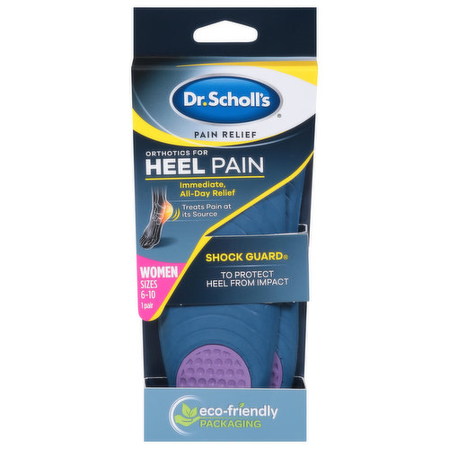 Orthotics for heel pain. Immediate, all-day relief. Treats pain at its source. Shock Guard. To protect heel from impact. Is this right for me? Dr. Scholl's pain relief orthotics for heel pain is designed for people who suffer from heel pain, including pain from plantar fasciitis and heel spurs. Pain relief all day, every day. Immediately helps to absorb pain-including shock at its source. Reduces impact with every step. Plus, the cupping design supports the heel's natural padding. How does it work? A combination of cushioning and arch support helps protect from the jarring shock generated with each step, which can aggravate your heel pain. Trim to fit. See instruction inside. Eco-friendly packaging.