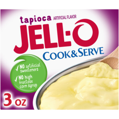 Jell-O Fat Free Cook and Serve Tapioca Pudding is an easy to make fat free dessert. Perfect for any occasion that requires a quick and delicious dessert, this tapioca pudding delivers the classic sweet flavor and creamy texture you know and love. Fat free pudding with no high fructose corn syrup and no artificial sweeteners is a dessert you can feel good about. Enjoy tapioca on its own, or try using it as a rich, delicious tapioca pie filling. This 3 ounce pudding dessert mix makes four 1/2-cup servings so you can make it for the whole family or save some for the next time you're craving a mouthwatering tapioca dessert.